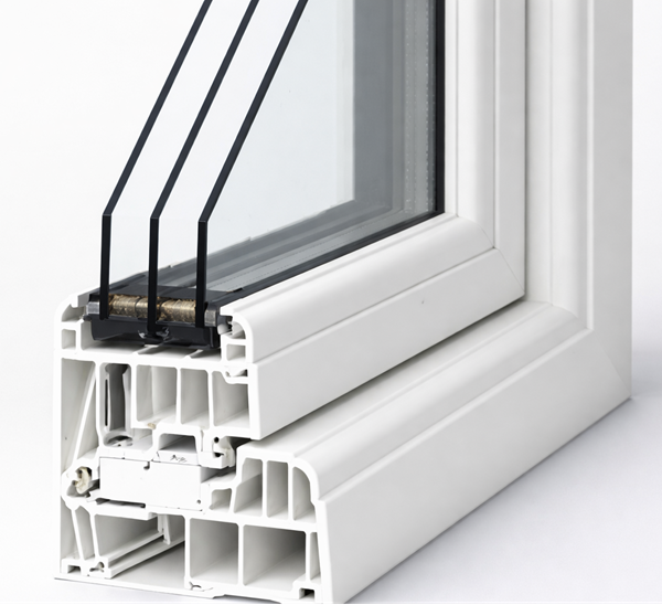 image of a cutaway triple glazed window frame in white upvc