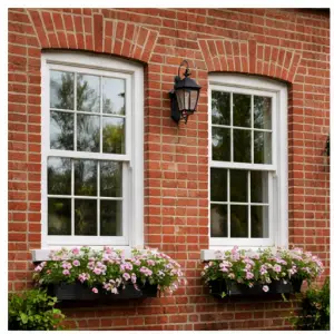 Traditional white sash windows installed in a red brick home in Deeside with decorative flower boxes
