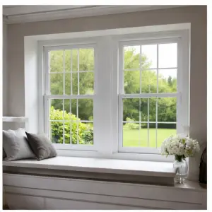 Energy efficient uPVC sash windows interior view in a North Wales home with natural light and garden view